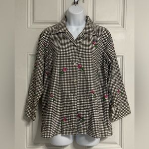 6- CASEY COLEMAN Gingham RETRO Plaid Floral Embroidered Button Front Shirt